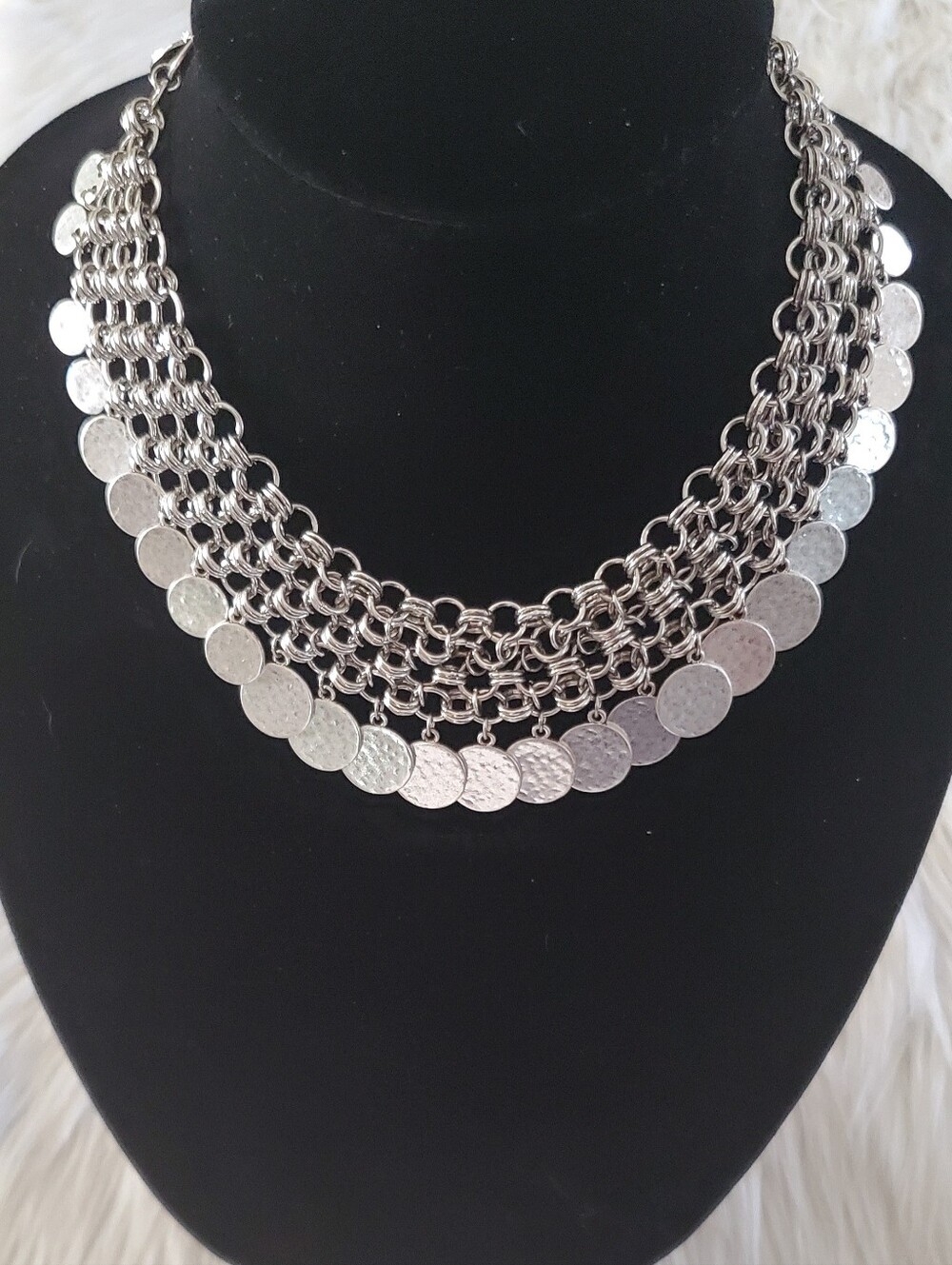 ​NWT Chico’s Silver Tone Hammered Disc Chain Bib Statement Necklace